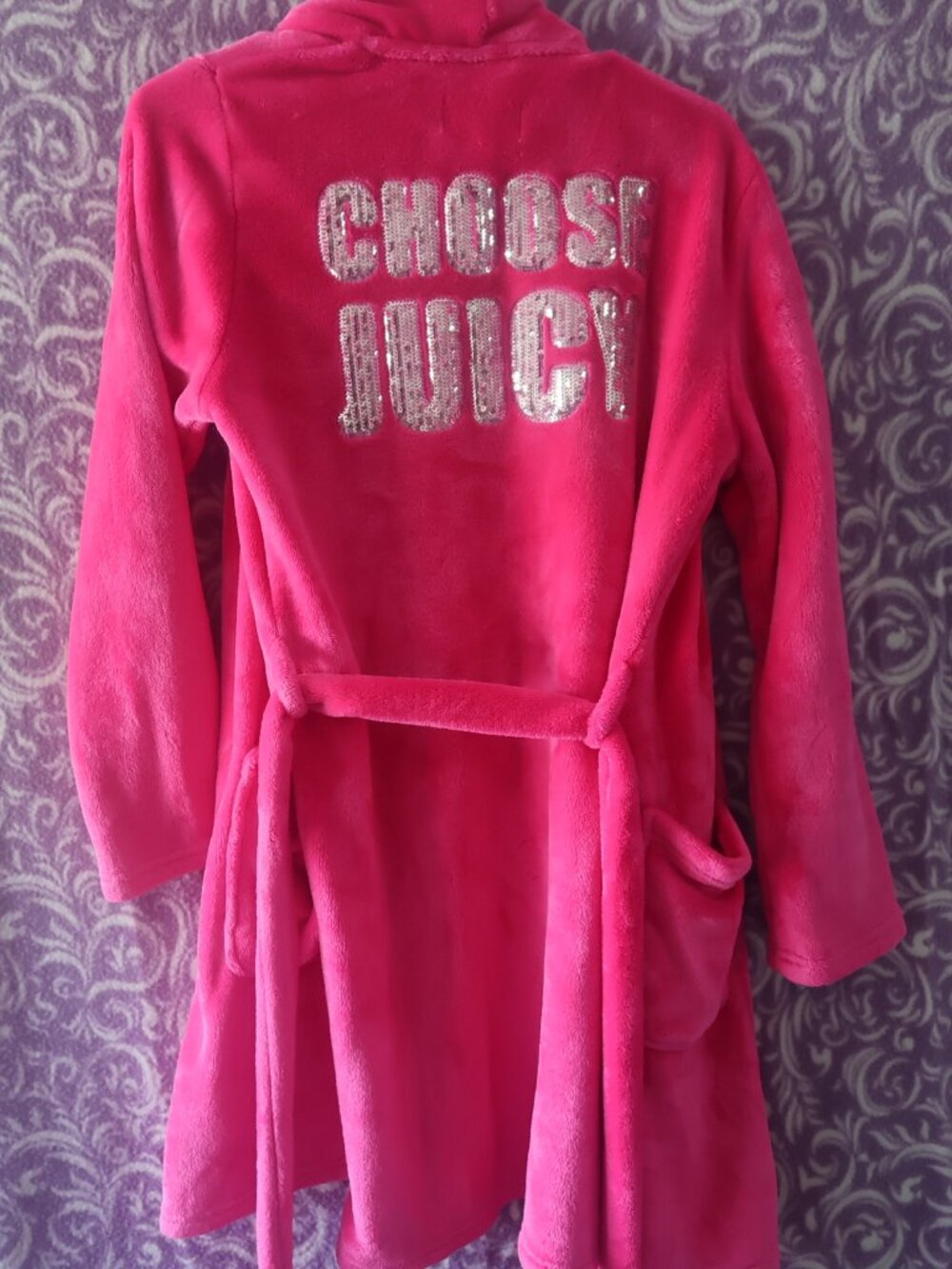 Juicy Couture JC sequined sequins bath robe "Choose Juicy" in hot pink size smal